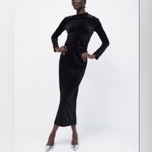 NEW Zara Black Draped Velvet Dress L